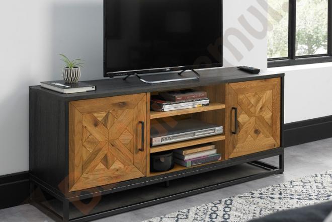 TV staliukas INDUS 133x38xH55cm. Mozaikinės ąžuolo lukšto durys, juodas korpusas, pilkas metalinis rėmas-0