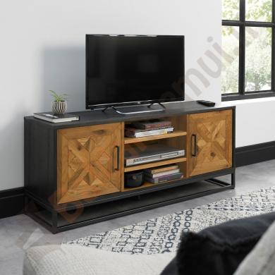 TV staliukas INDUS 133x38xH55cm. Mozaikinės ąžuolo lukšto durys, juodas korpusas, pilkas metalinis rėmas-0