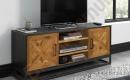 TV staliukas INDUS 133x38xH55cm. Mozaikinės ąžuolo lukšto durys, juodas korpusas, pilkas metalinis rėmas-0