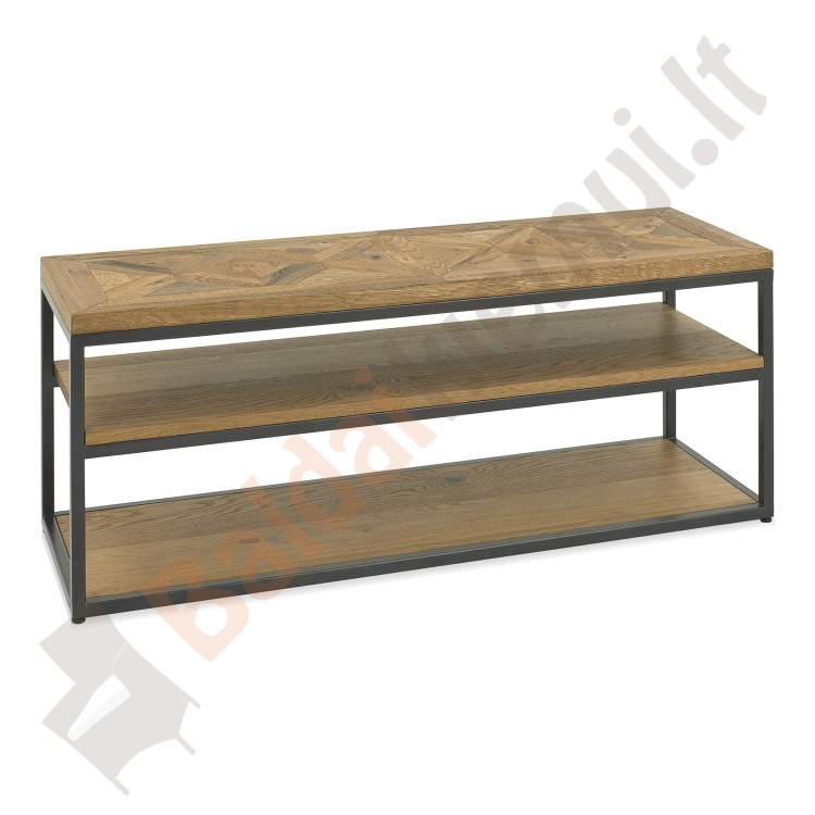 TV staliukas INDUS 116x37xH45cm, mozaikinis ąžuolo faneruotės stalviršis, pilkas metalinis rėmas-0