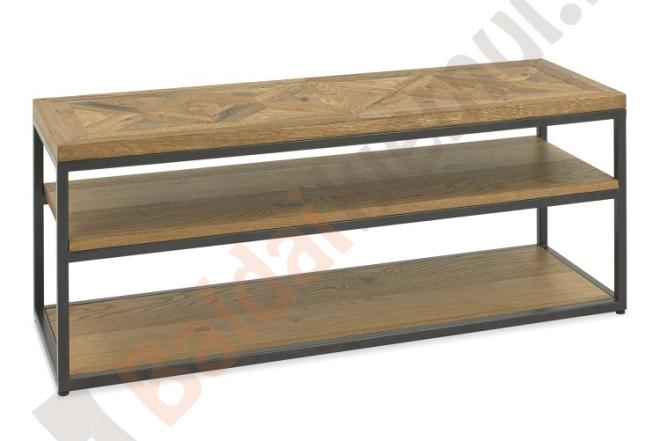 TV staliukas INDUS 116x37xH45cm, mozaikinis ąžuolo faneruotės stalviršis, pilkas metalinis rėmas-0