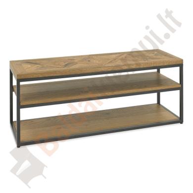 TV staliukas INDUS 116x37xH45cm, mozaikinis ąžuolo faneruotės stalviršis, pilkas metalinis rėmas-0