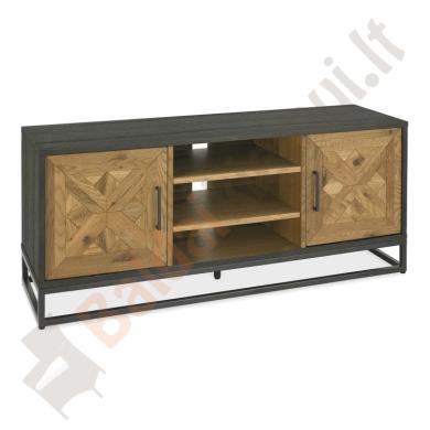 TV staliukas INDUS 133x38xH55cm. Mozaikinės ąžuolo lukšto durys, juodas korpusas, pilkas metalinis rėmas-1
