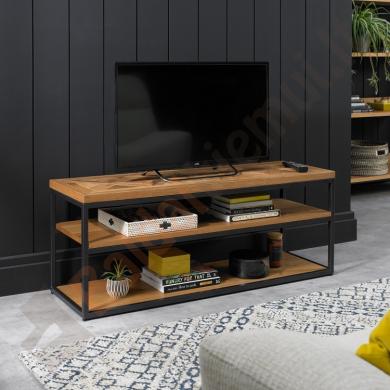 TV staliukas INDUS 116x37xH45cm, mozaikinis ąžuolo faneruotės stalviršis, pilkas metalinis rėmas-1