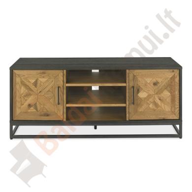 TV staliukas INDUS 133x38xH55cm. Mozaikinės ąžuolo lukšto durys, juodas korpusas, pilkas metalinis rėmas-2