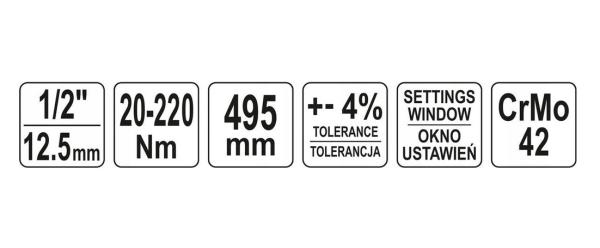 Dinamometrinis raktas YATO, 20-220Nm, 1/2"-1