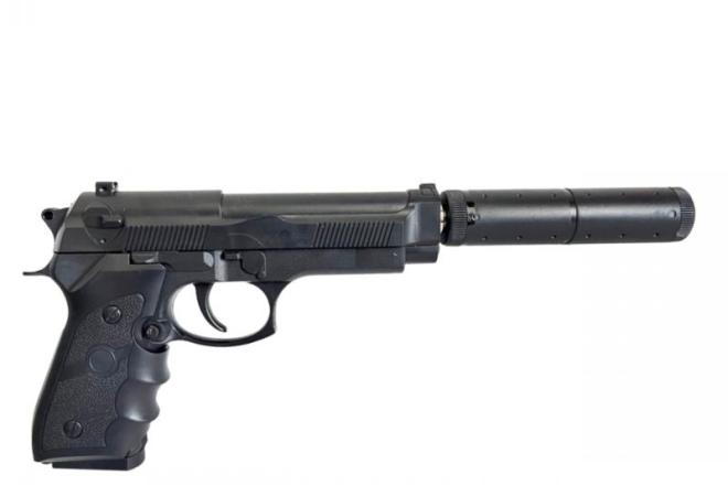 Airsoft spyruoklinis pistoletas su duslintuvu-0
