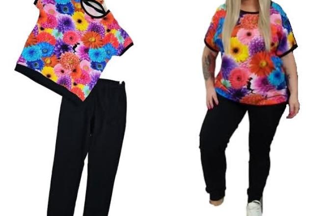 Patogūs, ryškūs, trikotažiniai, turkiški laisvalaikio kostiumai su 3D gėlėmis-0