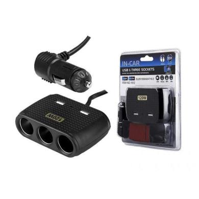 Automobilinis šakotuvas trivietis + 2 USB 2.1A 120W-2