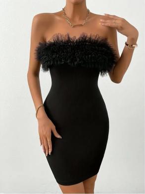 Elegantiška juoda vientisa suknelė be petnešėlių 25415-1