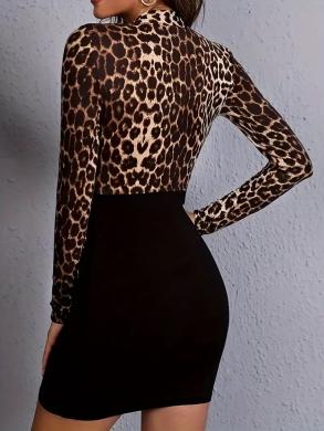 Leopardo rašto juoda suknelė, ilgomis rankovėmis 87325-2